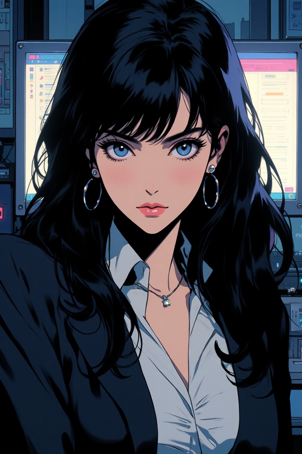 qqq An animated image of a woman with long black hair and blue eyes. She is wearing a black jacket with a white shirt unde...