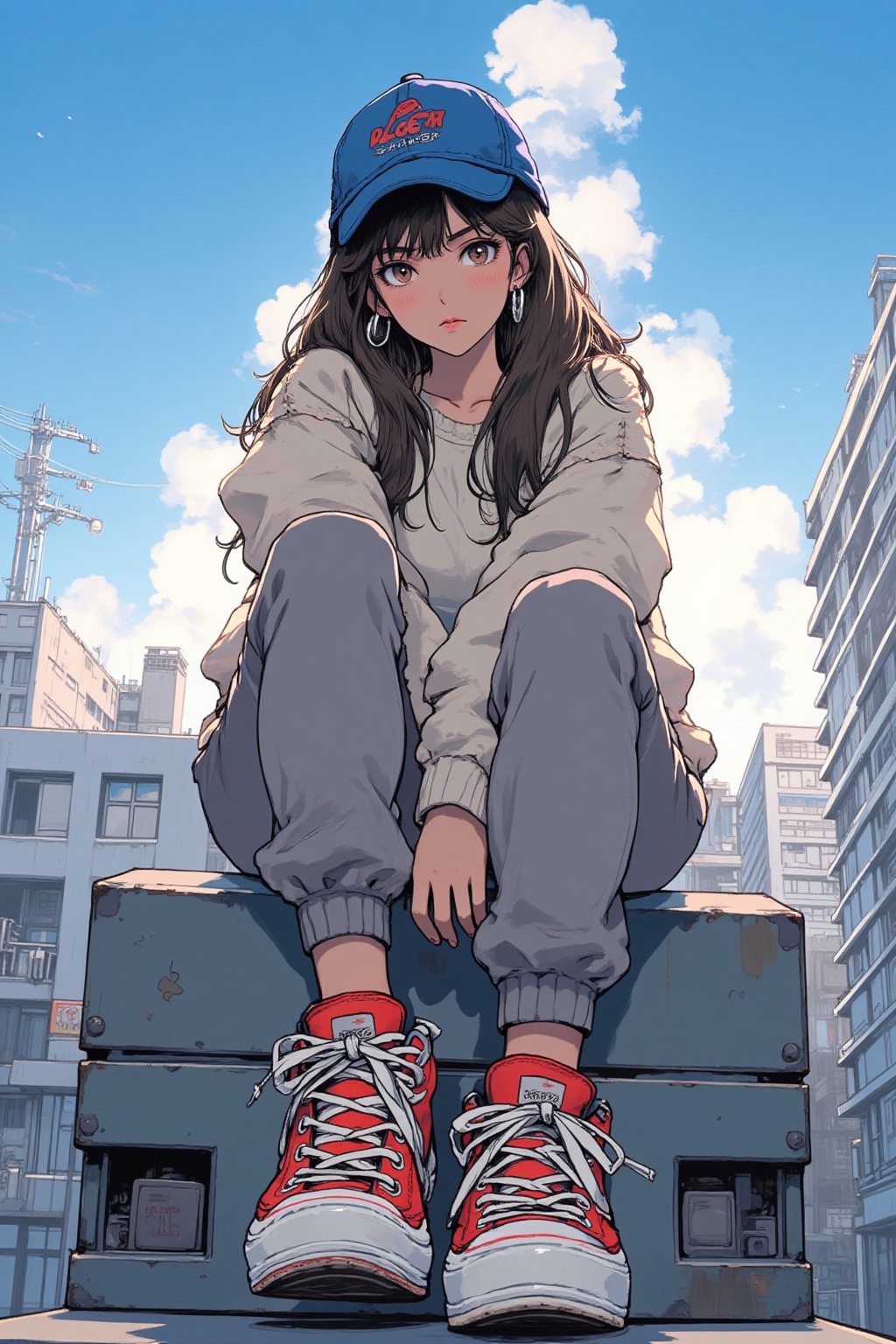 qqq An animated image of a girl with long brown hair and a blue baseball cap on her head. She is sitting on top of a gray...