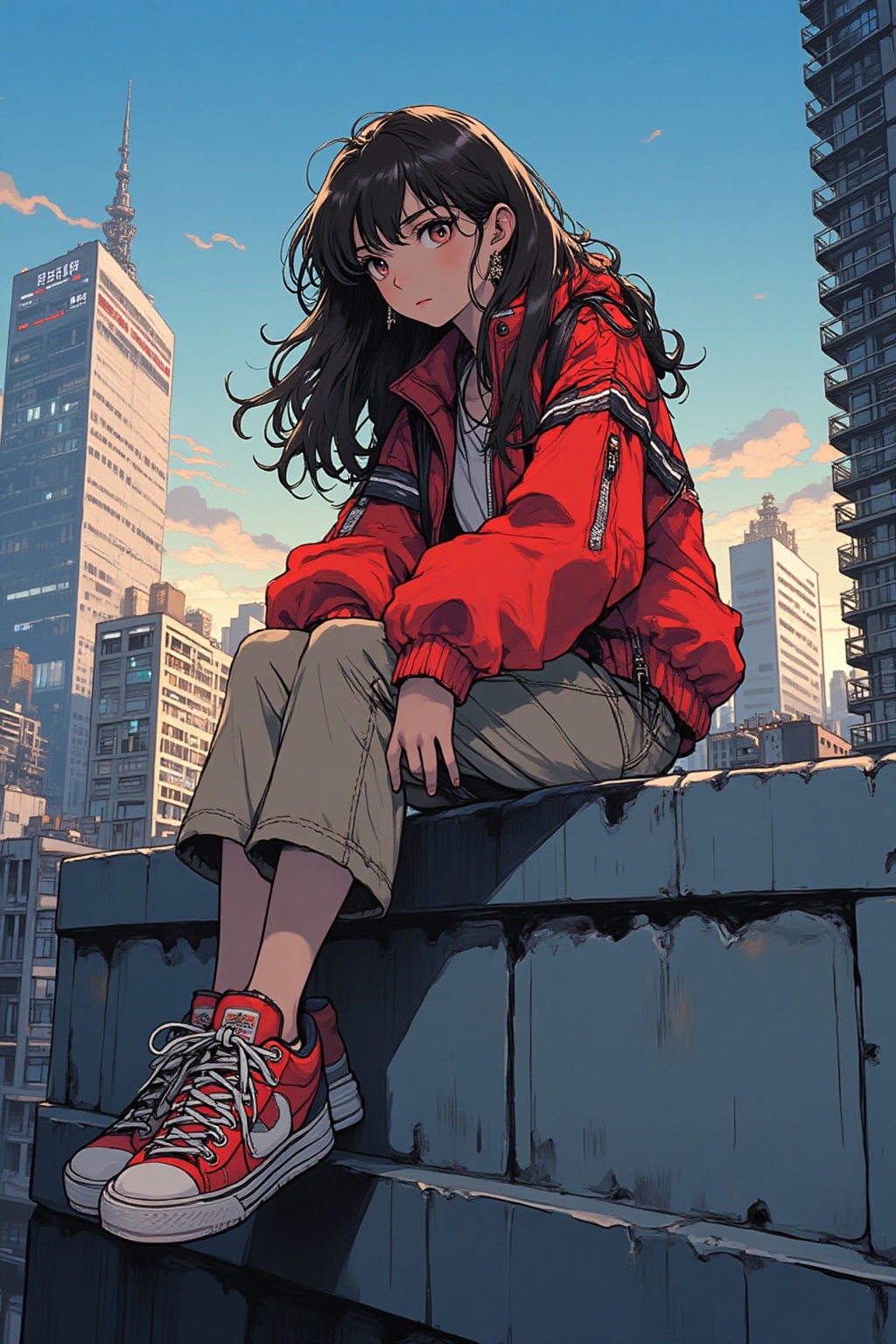 qqq An animated image of a girl with long dark brown hair wearing a red jacket and gray shorts. She is sitting on a gray w...