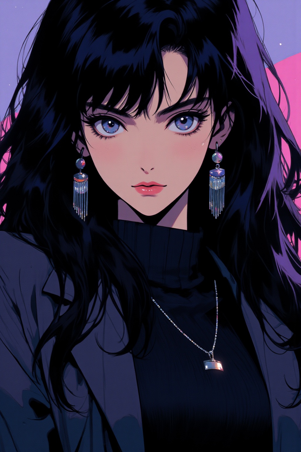 qqq An animated image of a woman with long black hair and blue eyes. She is wearing a black scarf around her neck a black...