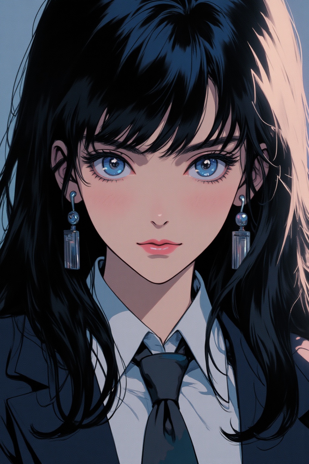 qqq An animated image of a girl with long black hair and blue eyes. She is wearing a black jacket with a white collar and...