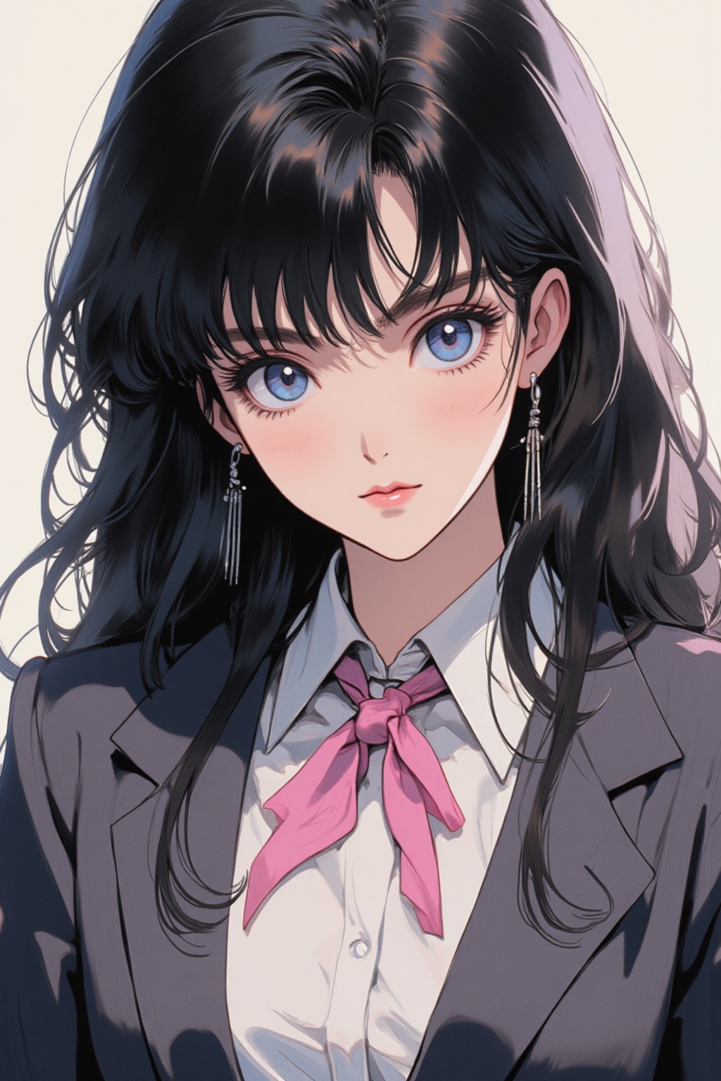qqq An animated image of a girl with long black hair and blue eyes. She is wearing a white collared button down shirt with...