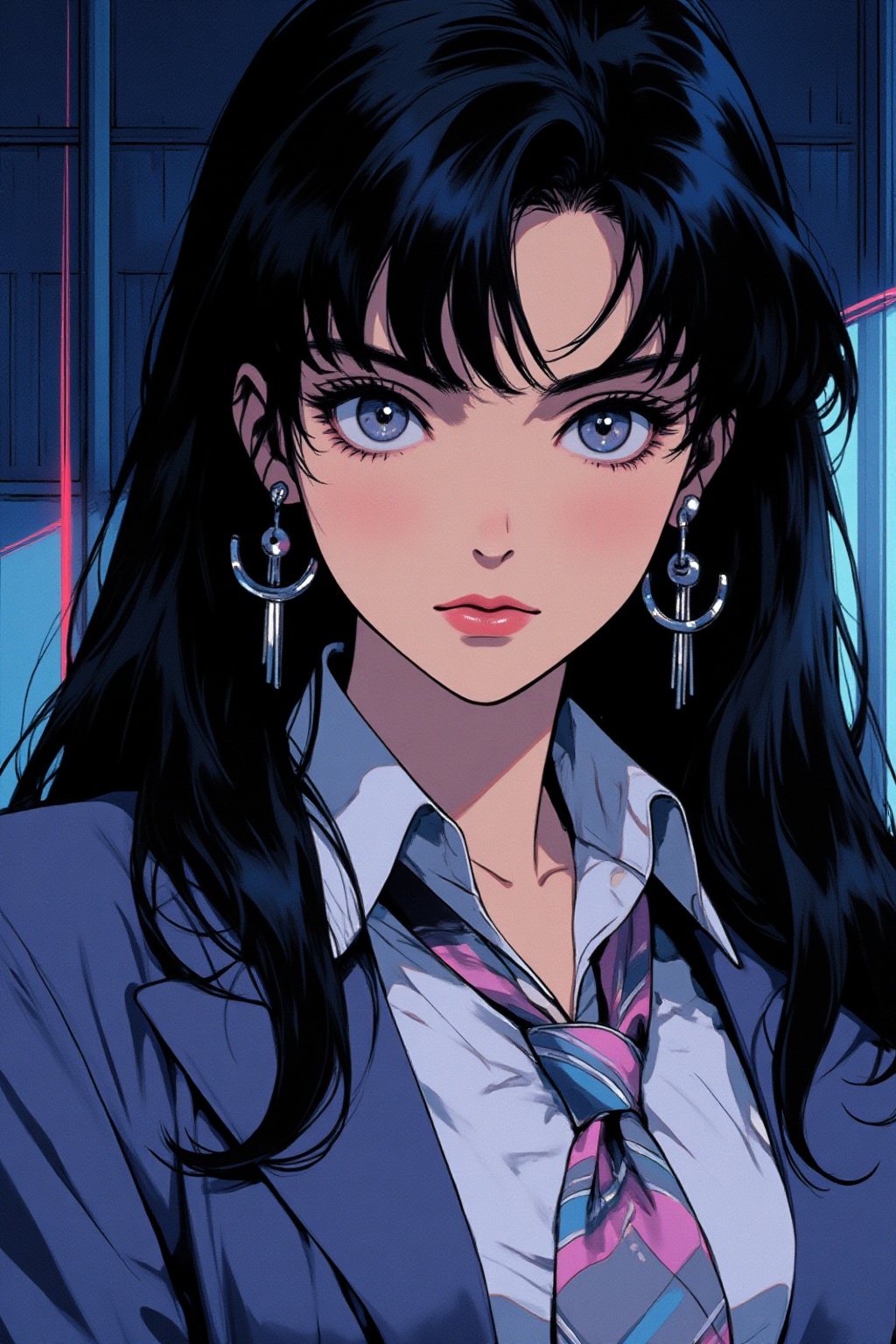 qqq An animated image of a woman with long black hair and blue eyes. She is wearing a light blue shirt with a pink and whi...