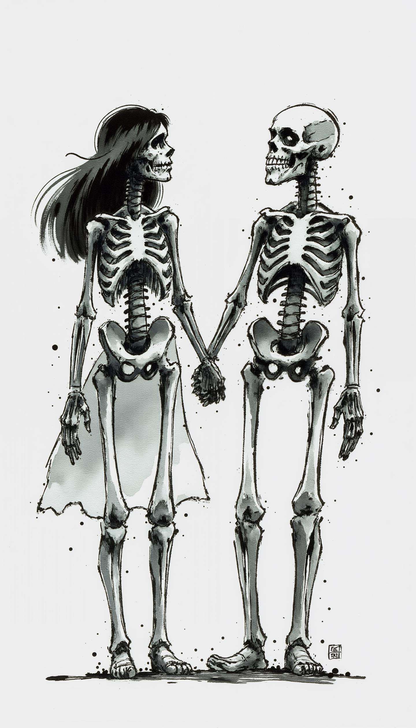 ink-77,  black and white ink drawing of a skeleton couple holding hands,  romantic but eerie mood on Tensor.Art