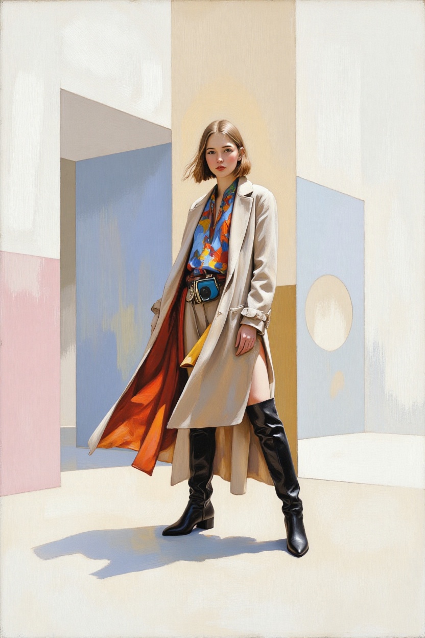 A semi-realistic digital oil painting of a stylish young 30 year old woman standing in front of a minimalist architectural...