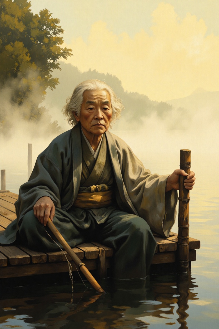 semi-realistic digital oil painting of an elderly Japanese fisherman sitting on a wooden dock at dawn,  mist rising from t...