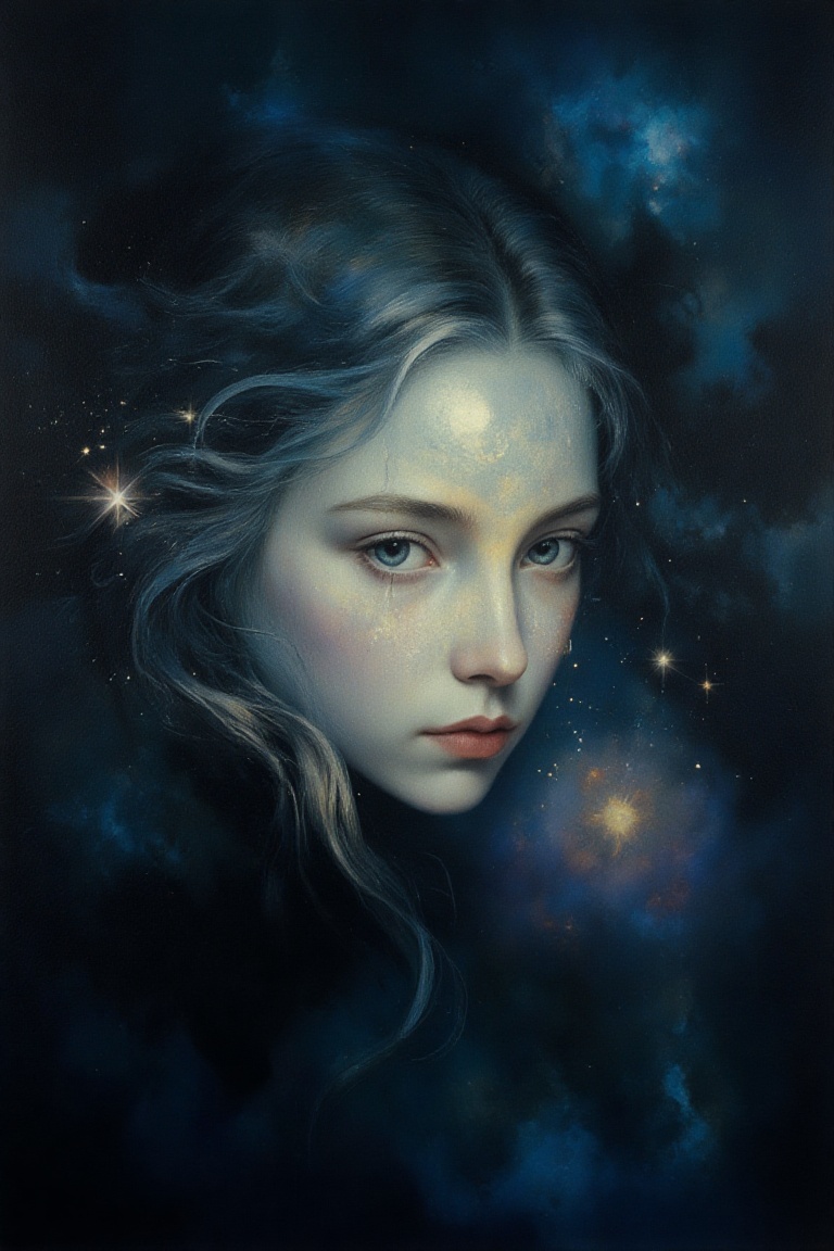 a surreal close-up of a mysterious woman with a glowing full moon for a face,  stars streaming from her eyes like tears,...