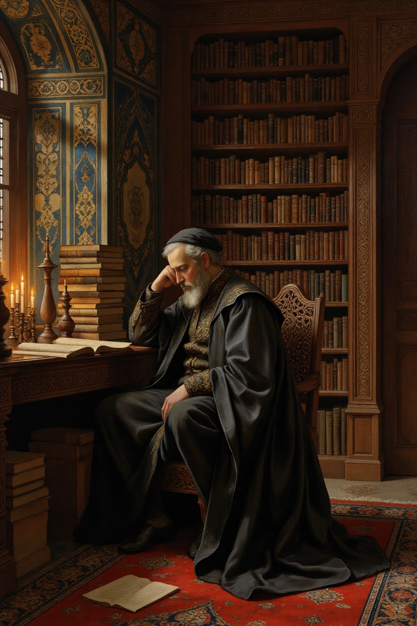semi-realistic digital oil painting of a medieval Persian scholar in an ornate library,  surrounded by ancient scrolls and...