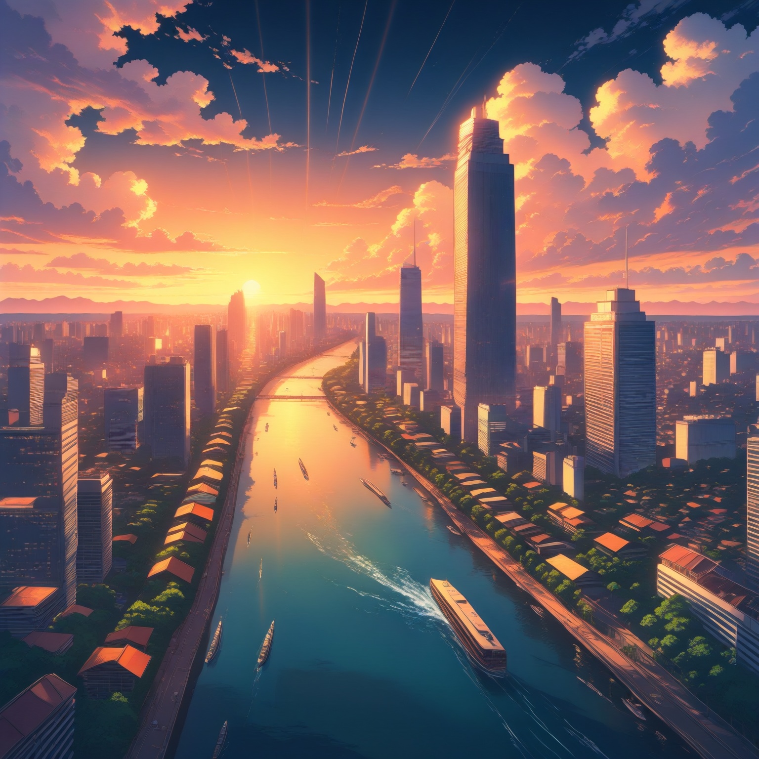 Bird’s-eye view of Bangkok,  Thailand at sunset,  warm golden hour lighting on Tensor.Art