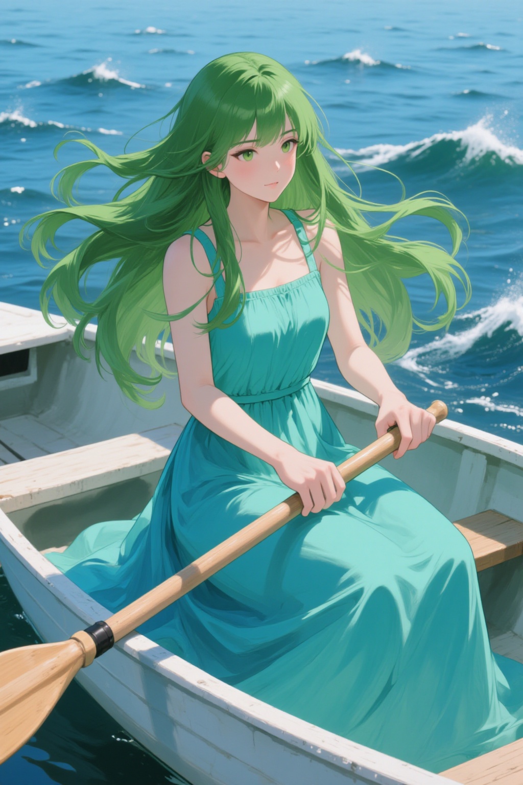 ddd Anime style The image depicts a serene scene of a woman with long flowing green hair sitting in a small white boat on...
