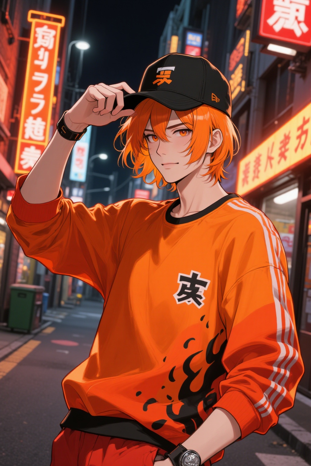 ddd Anime style The image depicts a vibrant anime-style character standing confidently in an urban setting at night. The c...