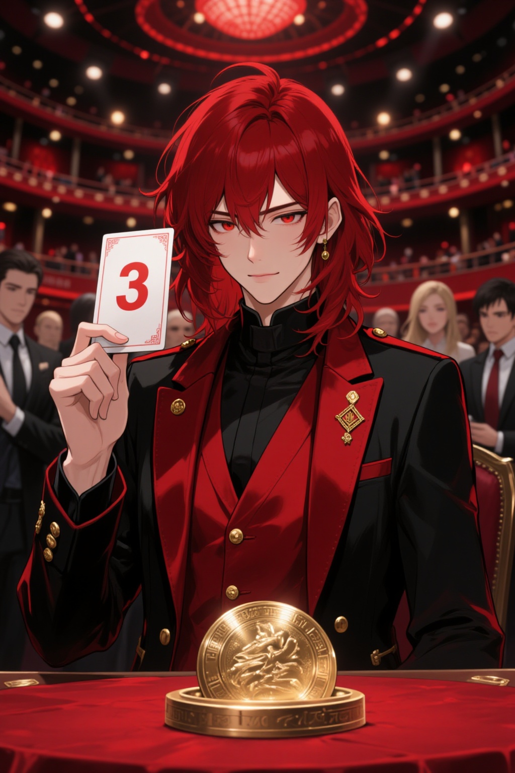 ddd Anime style The image depicts a person with vibrant red hair wearing a black and red suit with gold buttons and a red...
