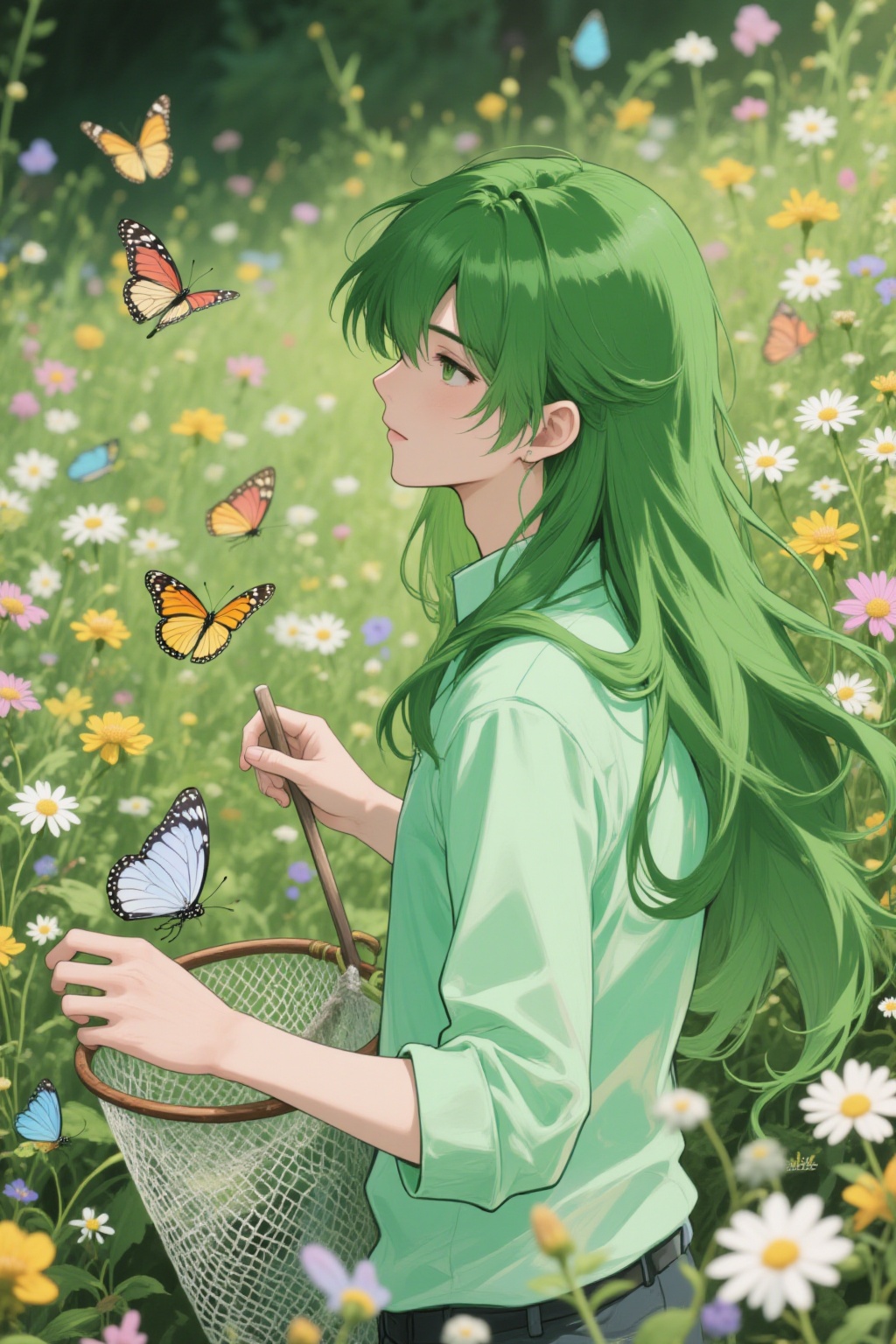 ddd Anime style The image depicts a person with long green hair standing in a field of colorful flowers including daisies...