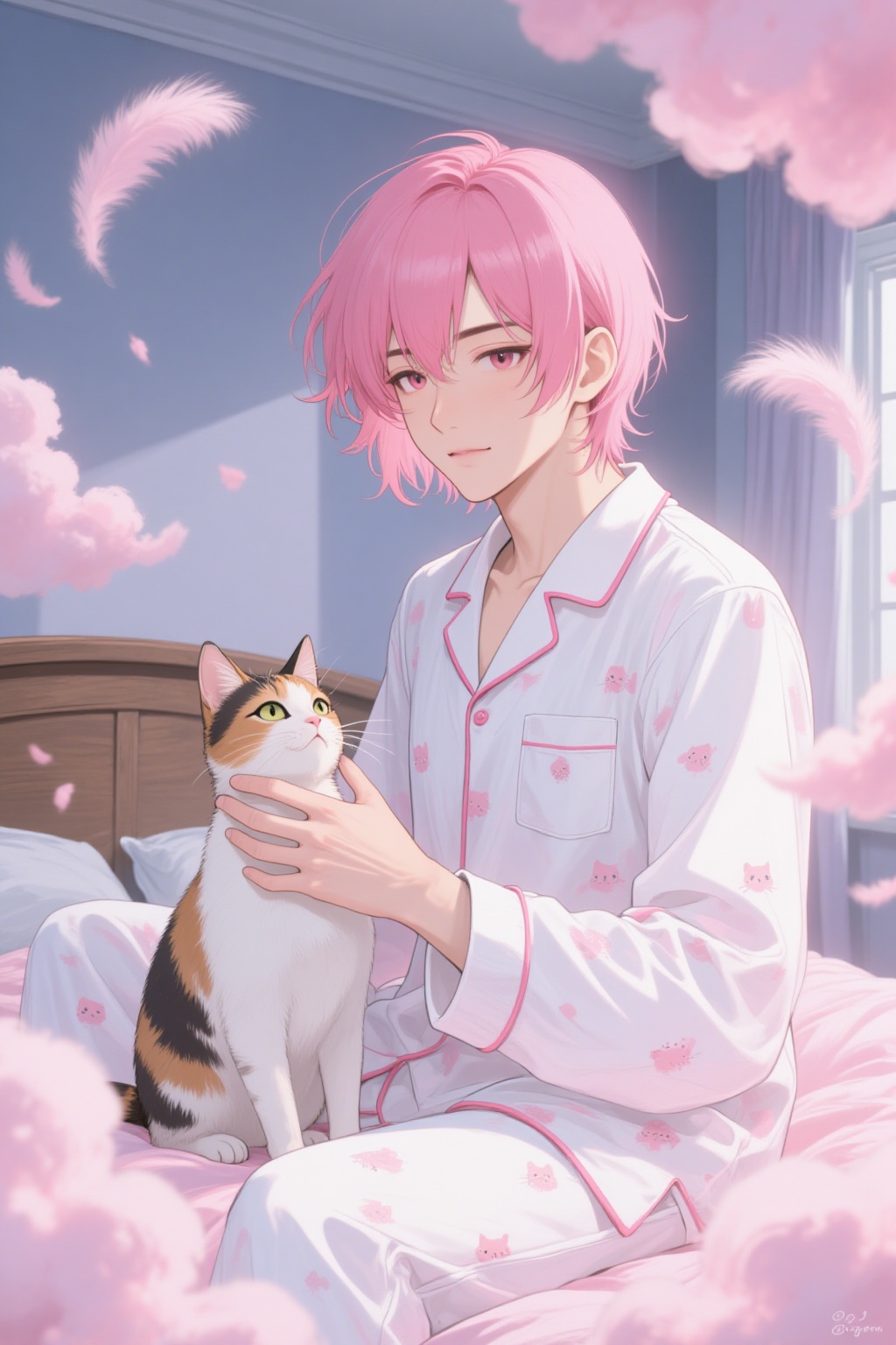 ddd Anime style The image depicts a person with pink hair wearing a white pajama set adorned with cat patterns. They are s...