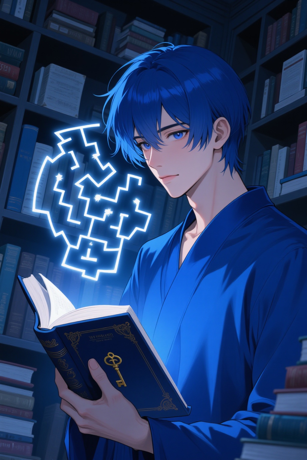 The image depicts a person with blue hair wearing a blue robe standing in front of a bookshelf filled with books. The indi...