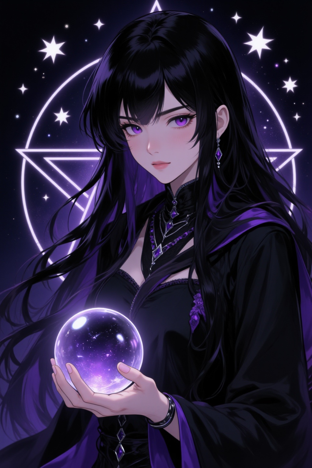 ddd Anime style The image depicts a stylized anime-style character with long black hair and purple eyes. She is dressed in...