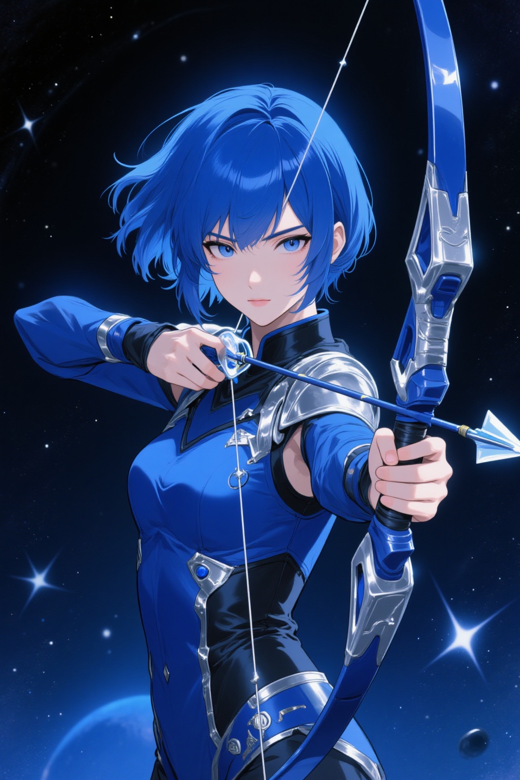 ddd Anime style The image depicts a character with short blue hair and striking blue eyes dressed in a sleek futuristic bl...