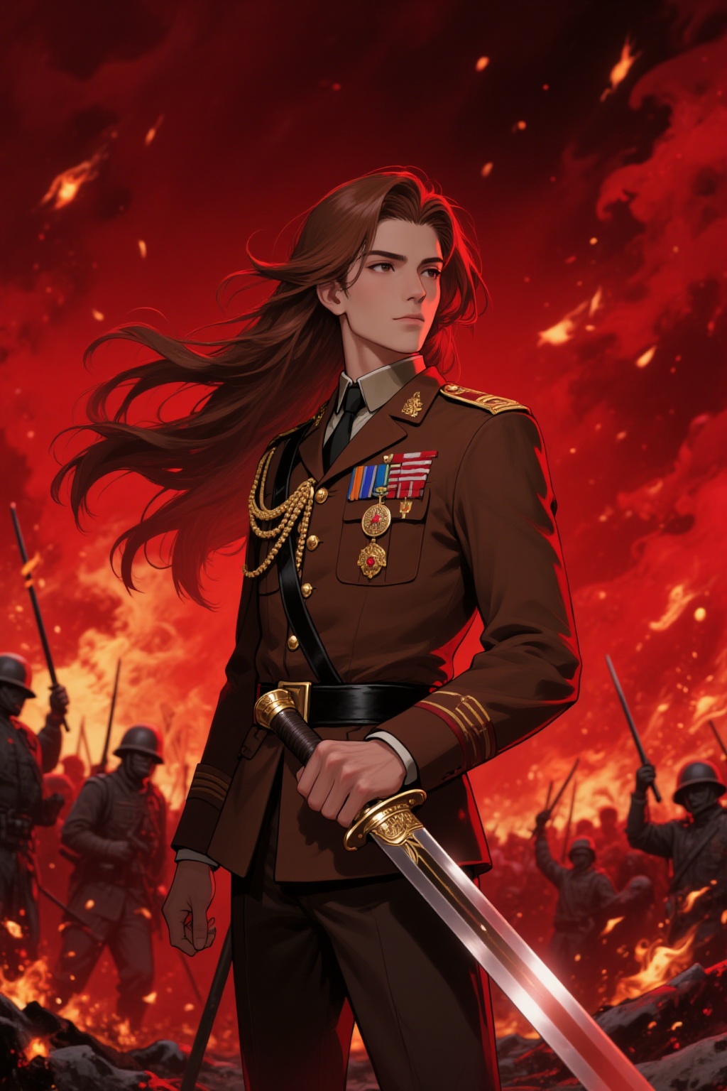 The image depicts a character dressed in a military uniform standing amidst a fiery red-hued battlefield. The character is...