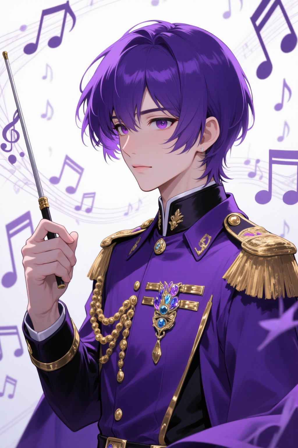 ddd Anime style The image depicts a character with short purple hair dressed in a regal purple and gold uniform. The chara...