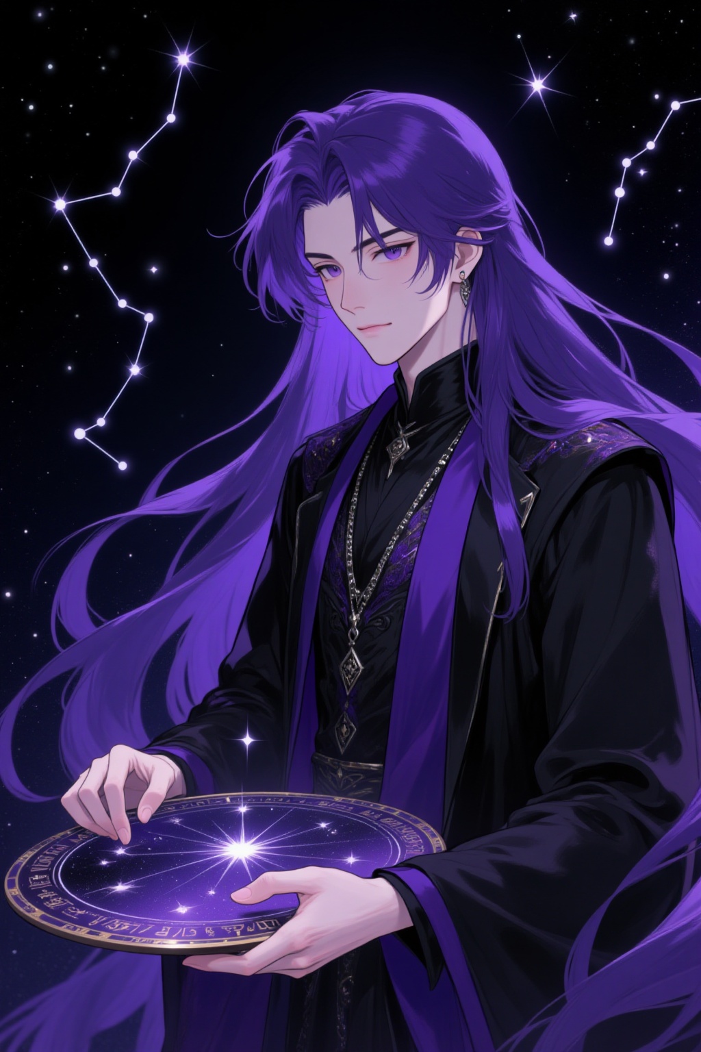 ddd Anime style The image depicts a character with long flowing purple hair dressed in a black and purple robe adorned wit...