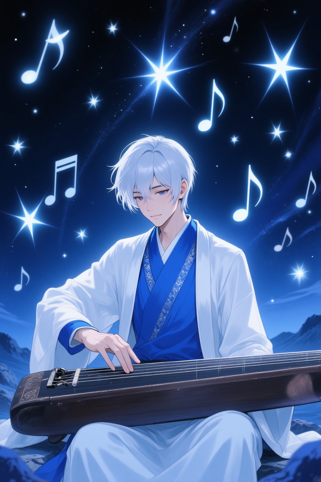 ddd Anime style The image depicts a serene and artistic scene featuring a young man with short white hair dressed in tradi...