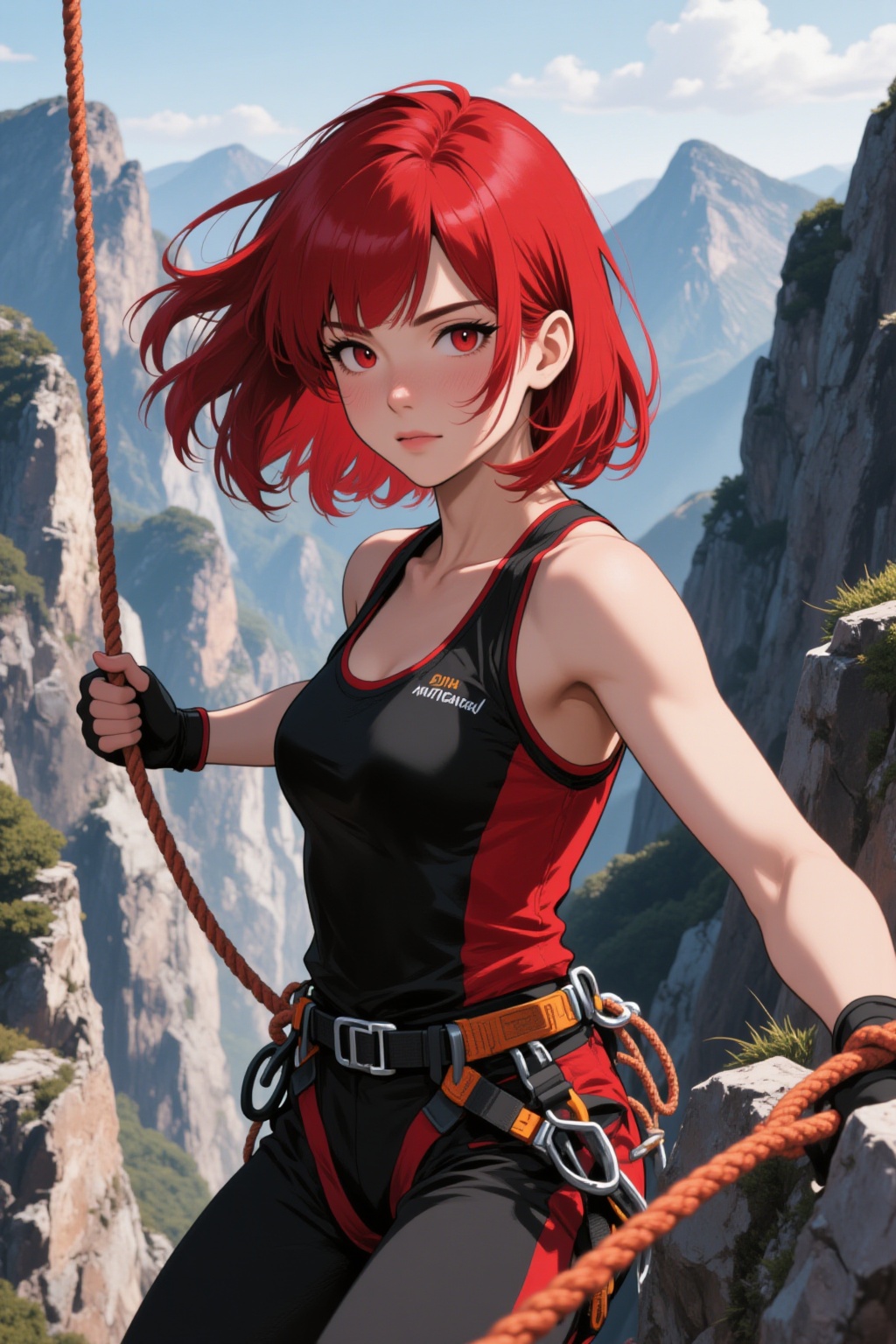 ddd Anime style The image depicts a vibrant red-haired character with a confident expression standing on a rocky cliff. Sh...