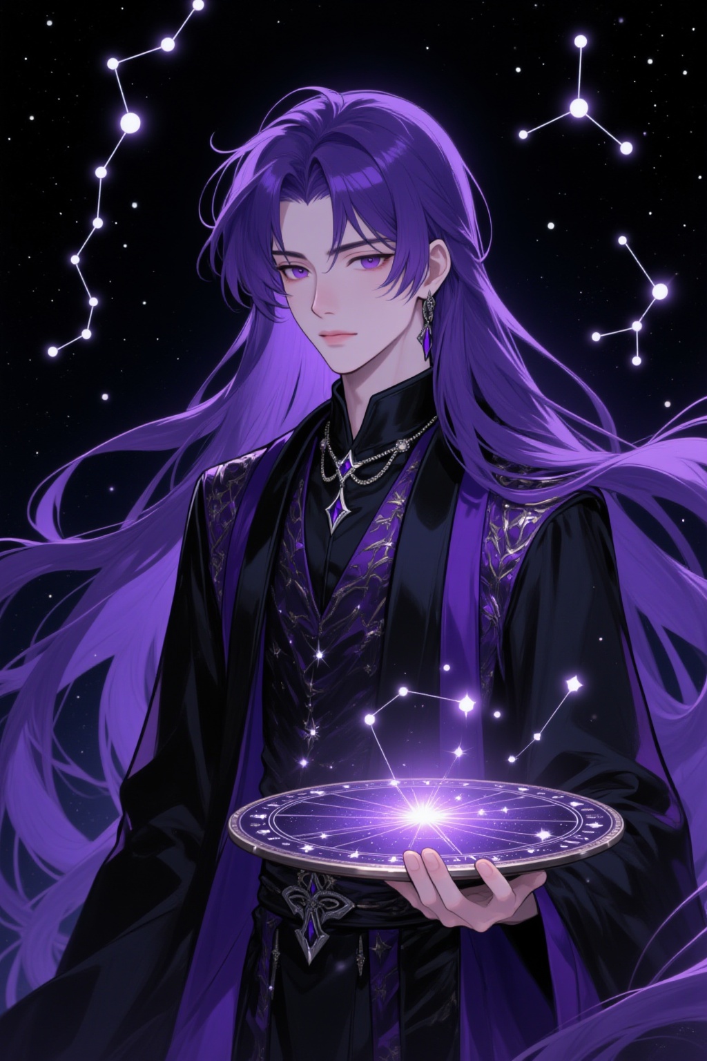 ddd Anime style The image depicts a character with long flowing purple hair dressed in a black and purple robe adorned wit...