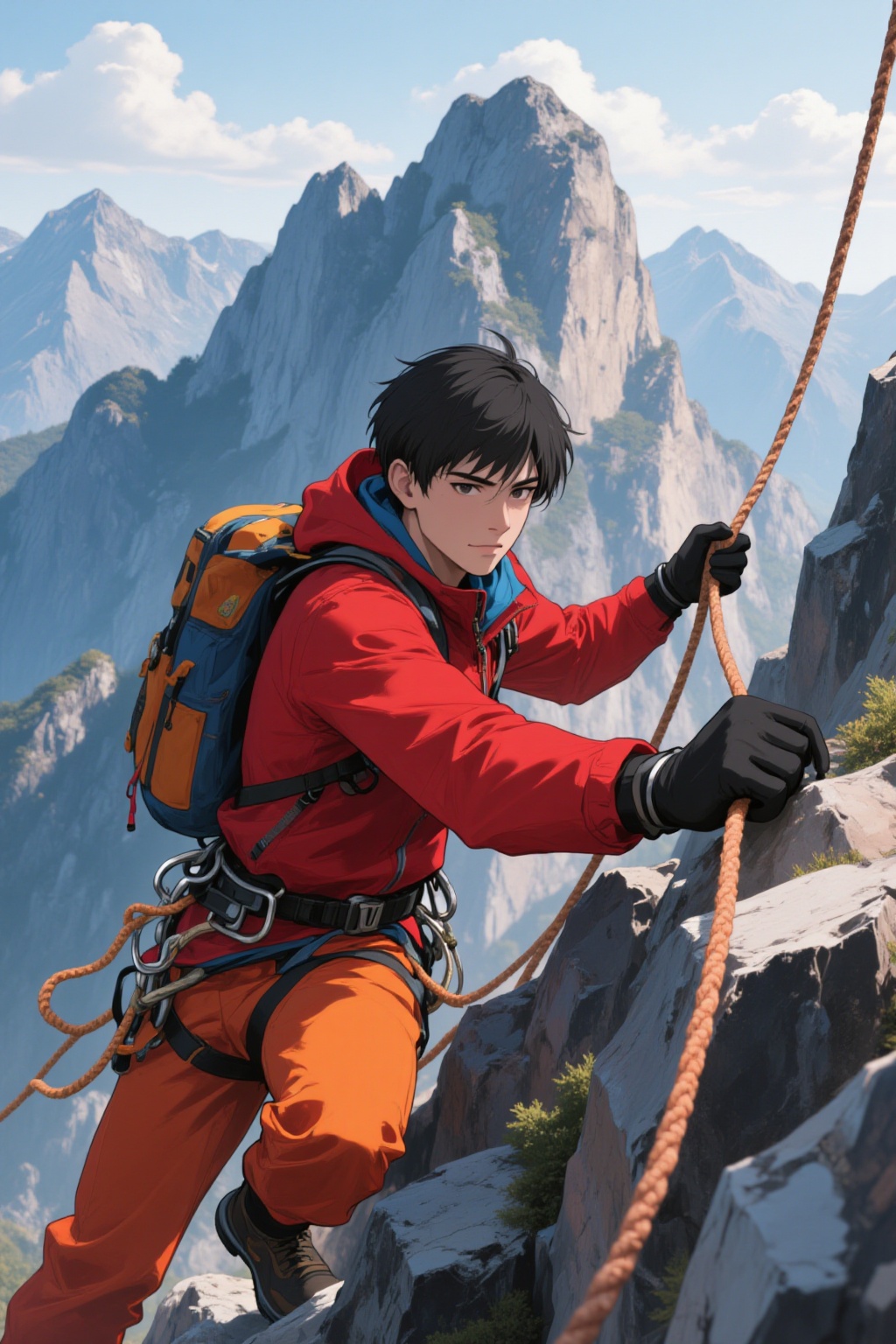 ddd Anime style The image depicts a person engaged in rock climbing. The individual is wearing a red jacket and orange pan...