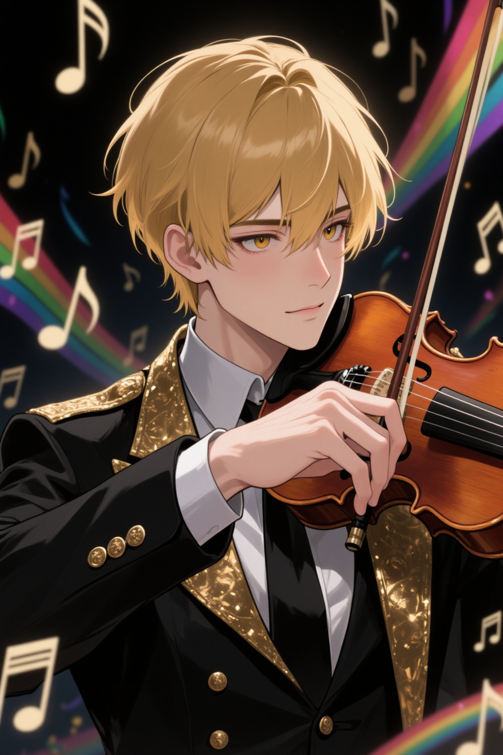 ddd Anime style The image depicts a young man playing a violin. He has short blonde hair and is dressed in a formal black...