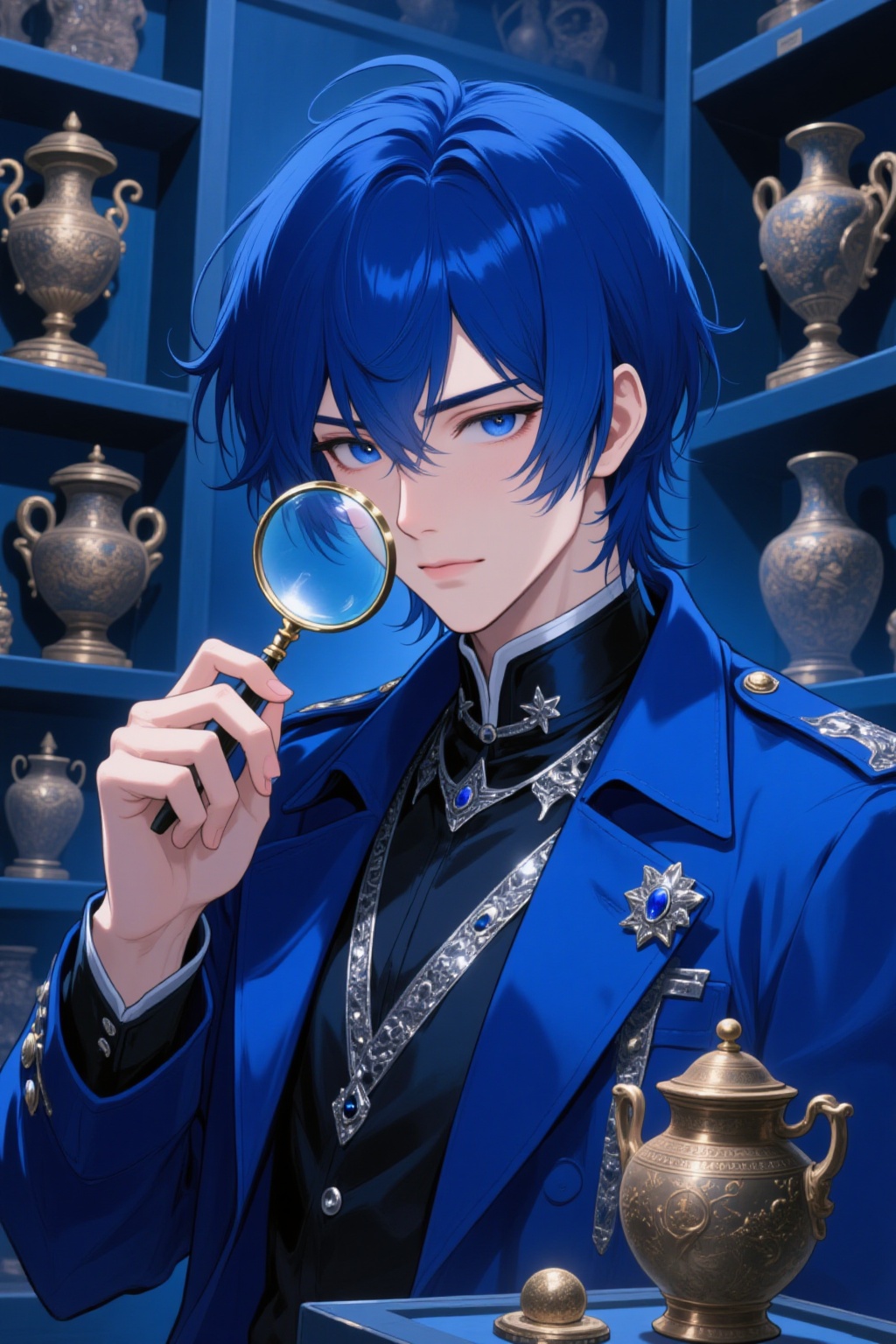 ddd Anime style The image depicts a character with short blue hair and striking yellow eyes dressed in a formal blue outfi...