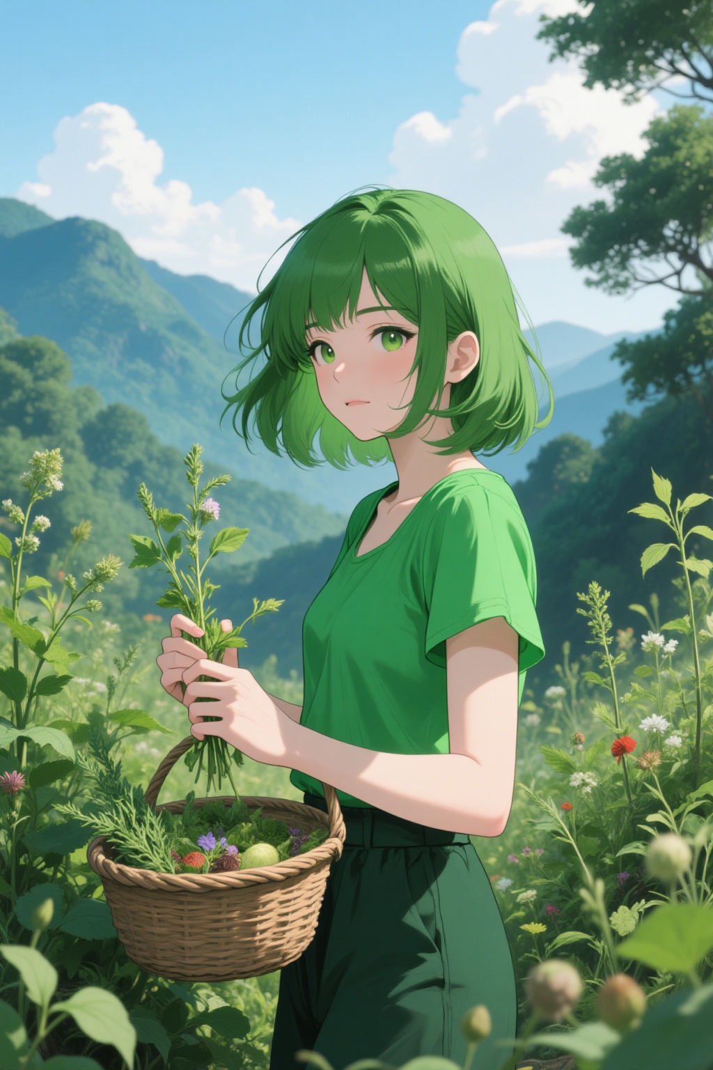 ddd Anime style The image depicts a serene outdoor scene with a young woman standing amidst a lush green landscape. She ha...