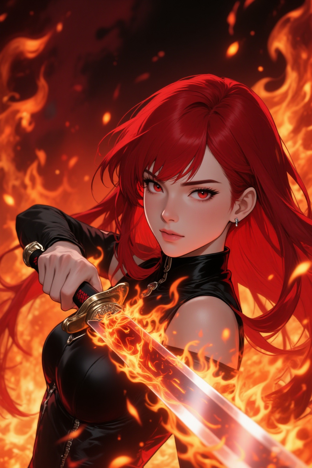 ddd Anime style The image depicts a fiery scene with a red-haired woman wielding a sword. She is dressed in a black outfit...