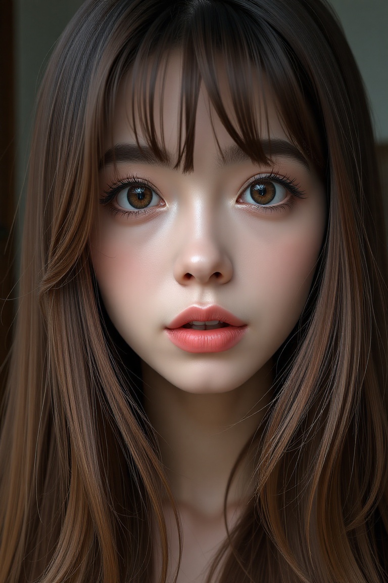 16K,  UHD:1.2,  1girl solo long hair looking at viewer bangs brown hair hair between eyes parted lips choker lips brown ey...