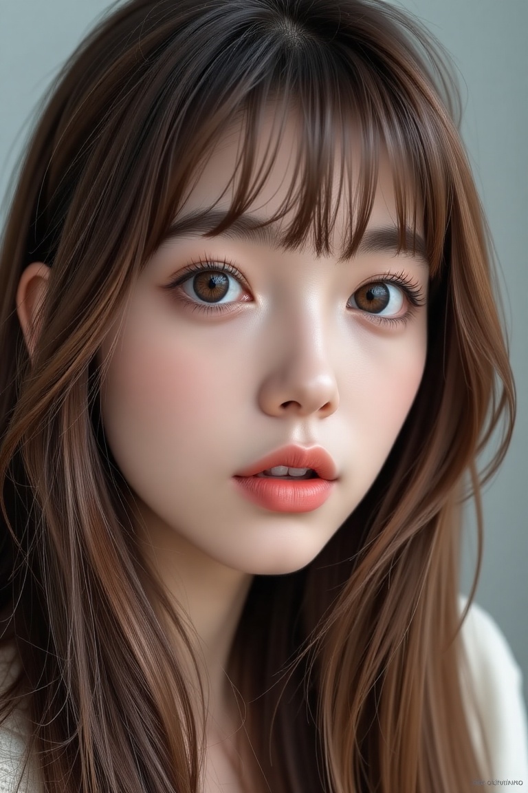 16K,  UHD:1.2,  1girl solo long hair looking at viewer bangs brown hair hair between eyes parted lips lips brown eyes port...
