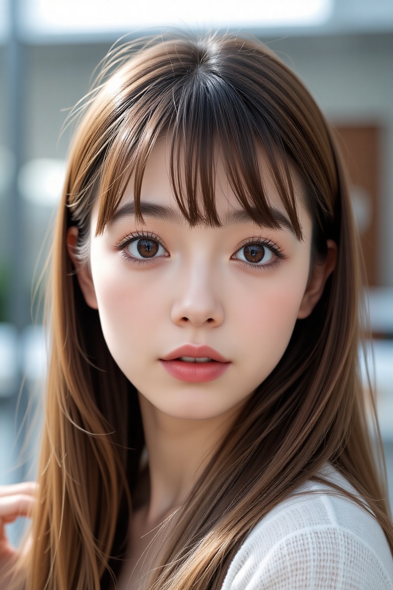 16K,  UHD:1.2,  1girl solo long hair looking at viewer bangs brown hair hair between eyes parted lips lips brown eyes port...