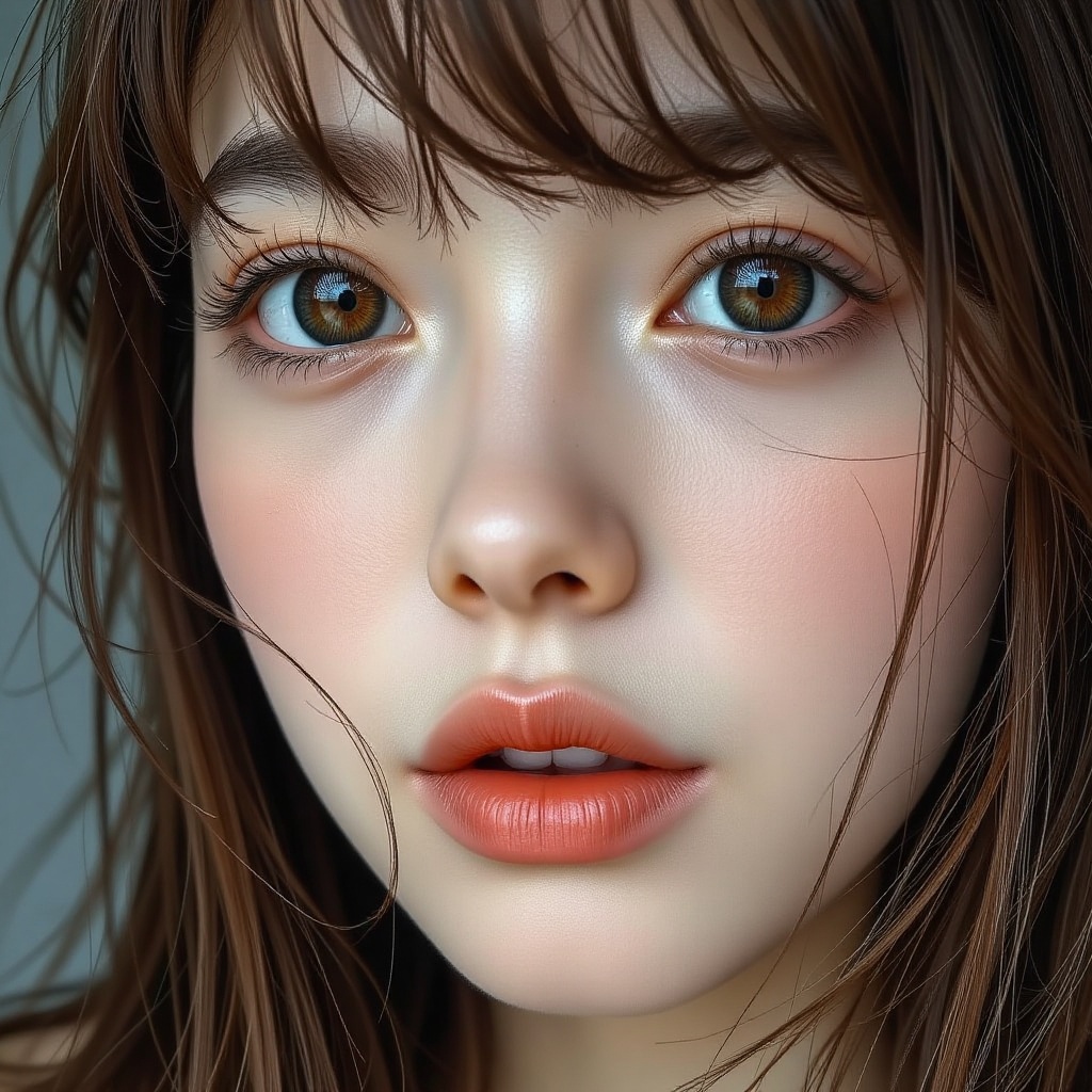 16K,  UHD:1.2,  1girl solo long hair looking at viewer bangs brown hair hair between eyes parted lips lips brown eyes port...