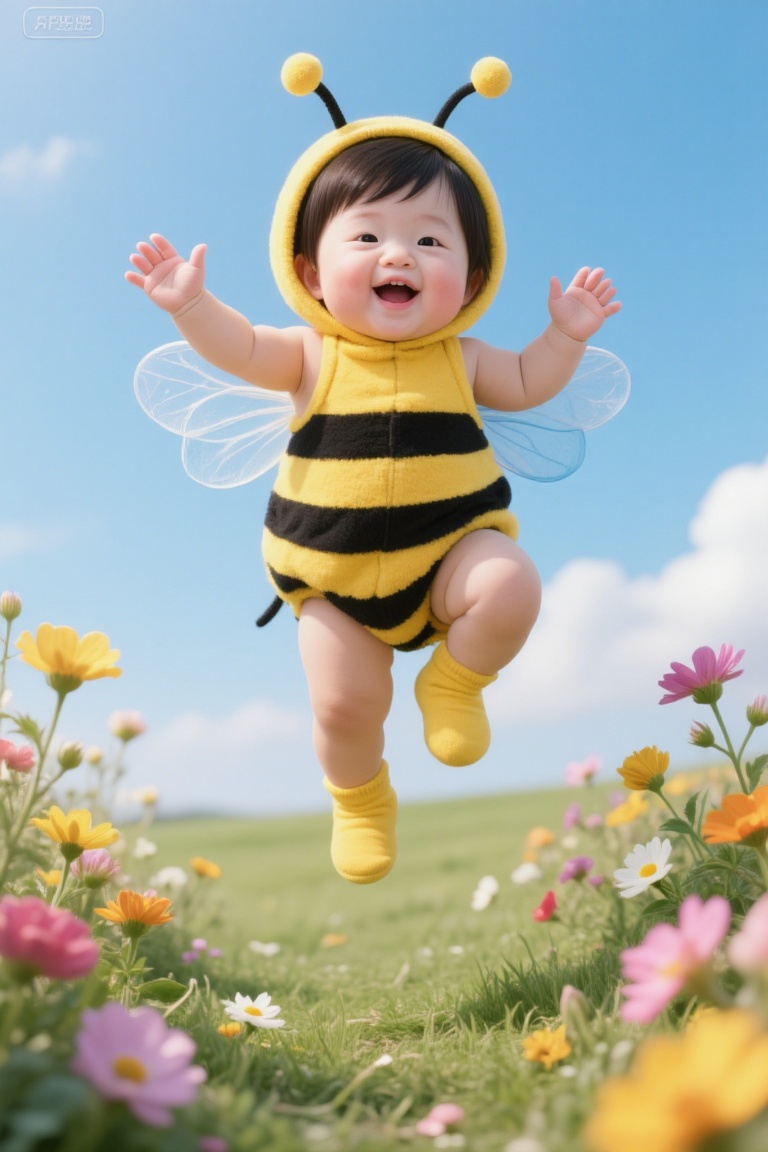 a child dressed in a bee costume,  jumping in a field of colorful flowers The child is wearing a yellow and black striped...