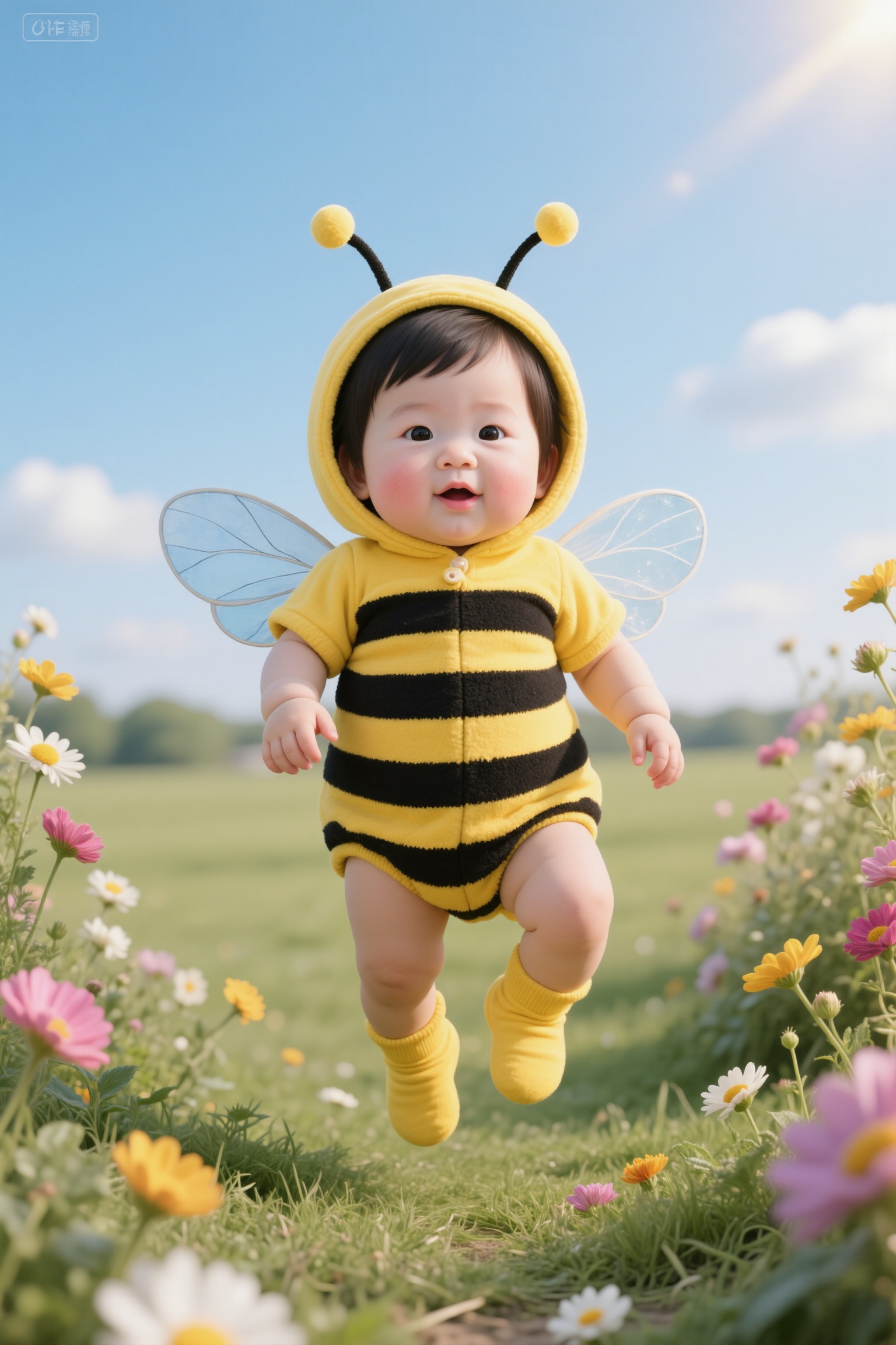 a baby dressed in a bee costume,  standing in a field of colorful flowers The costume is yellow with black stripes,  and t...