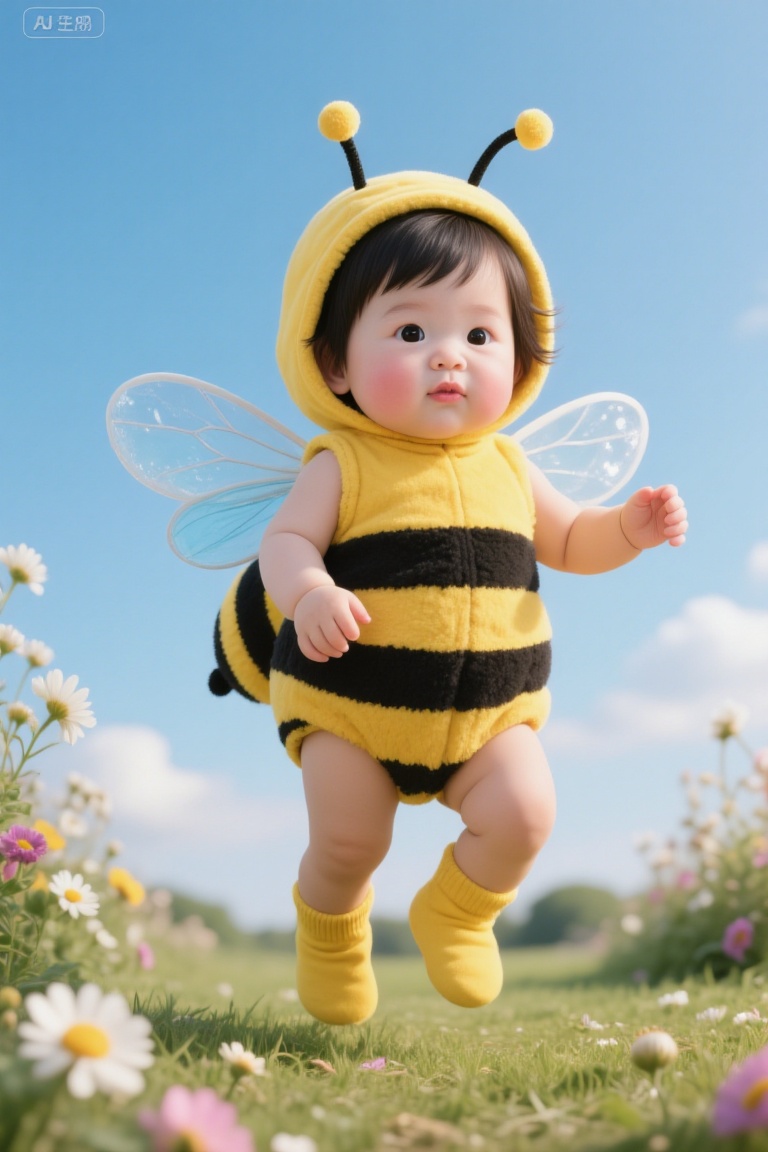 a young child dressed in a bee costume,  standing in a field of colorful flowers The child is wearing a yellow and black s...