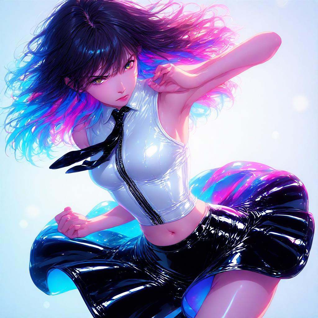 partially unzipped,  dark hair with vivid colourful highlights,  perfect skin on Tensor.Art