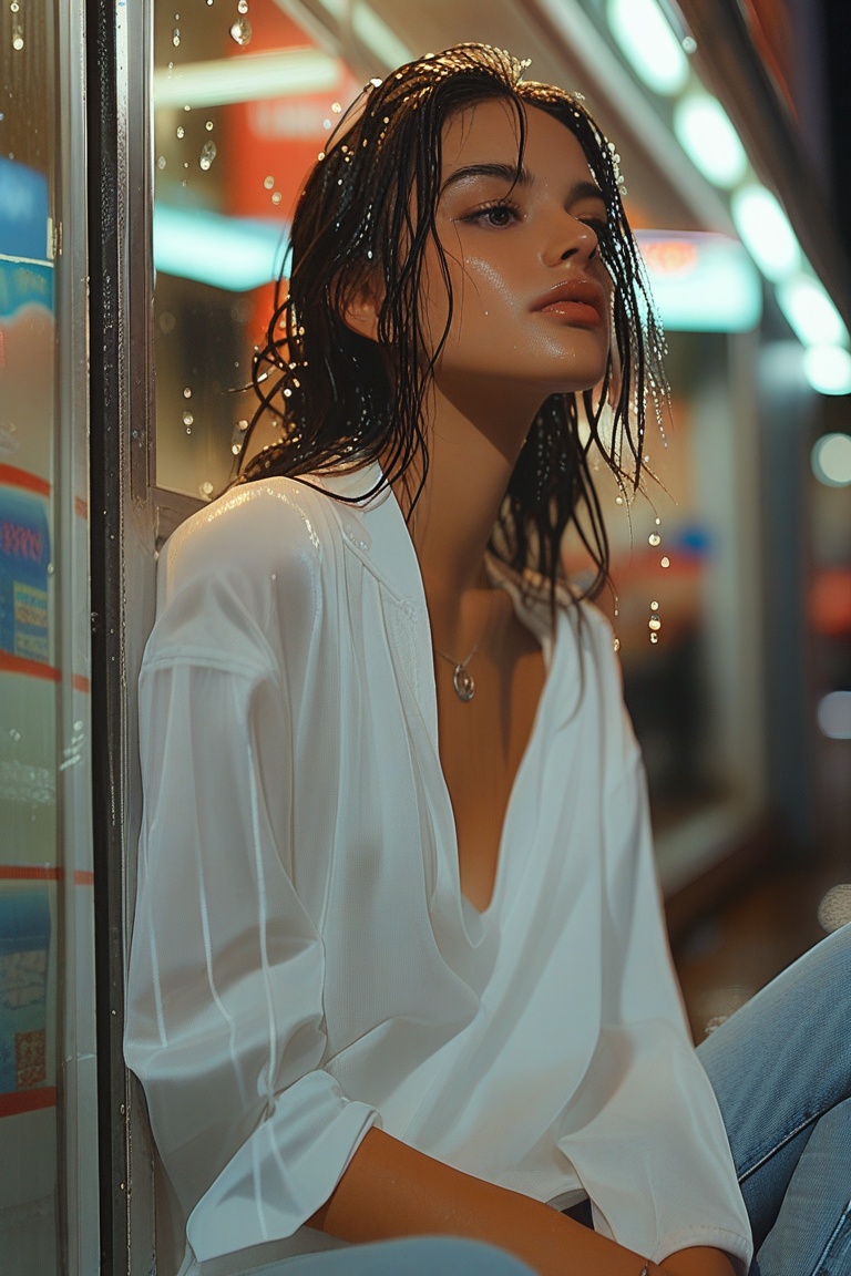 Hyp3rAn1me,  A woman sitting in front of a convenience store late at night,  white top and jeans on Tensor.Art