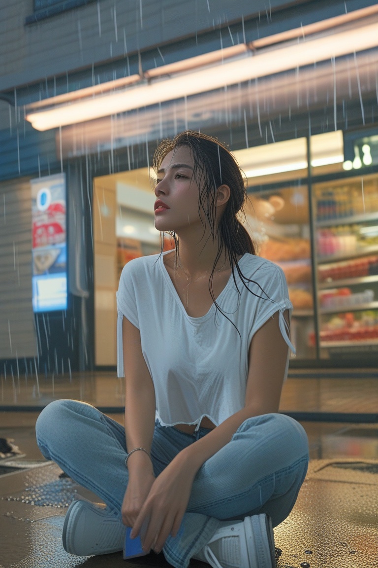 Hyp3rAn1me,  A woman sitting in front of a convenience store late at night,  white top and jeans on Tensor.Art