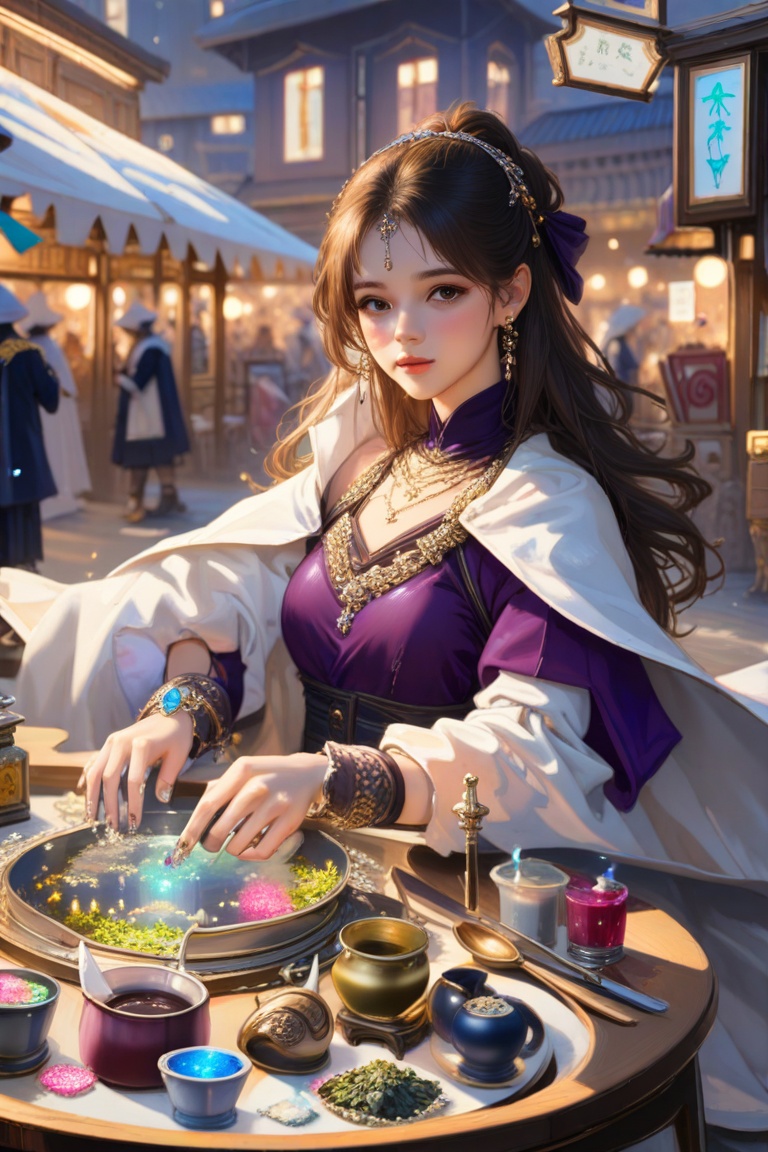 Hyp3rAn1me,  A mystical magician performing awe-inspiring illusions amidst the bustling chaos of the town square,  her rob...