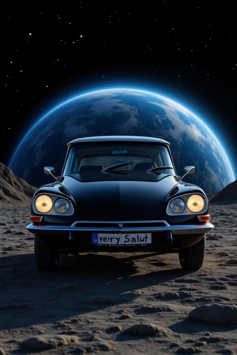 A wide-angle shot of a black Citroën DS standing on the moon,  photographed ultra sharply in 4K. The front shot focuses on...