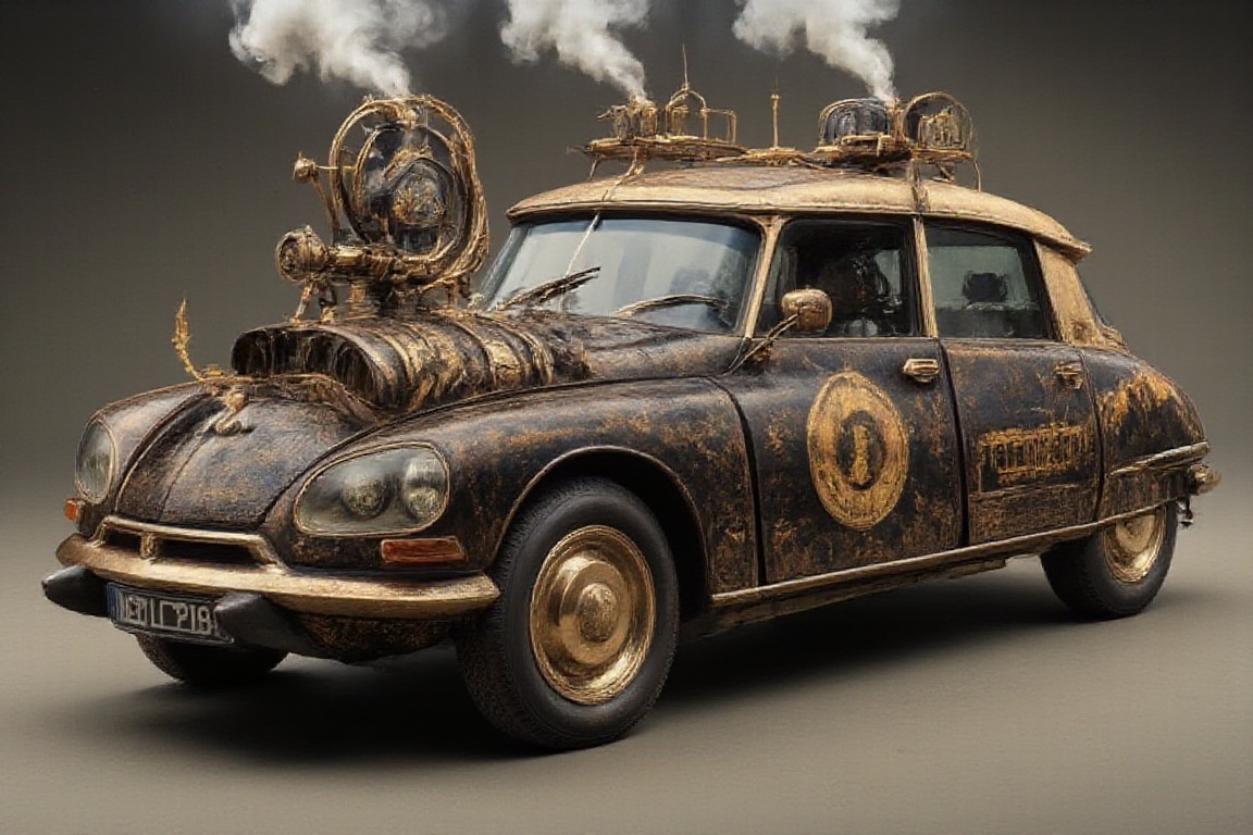 A wide-angle shot of a brass-colored Citroen DS,  built from brass sheets with clear rivets and welding seams. The car is...