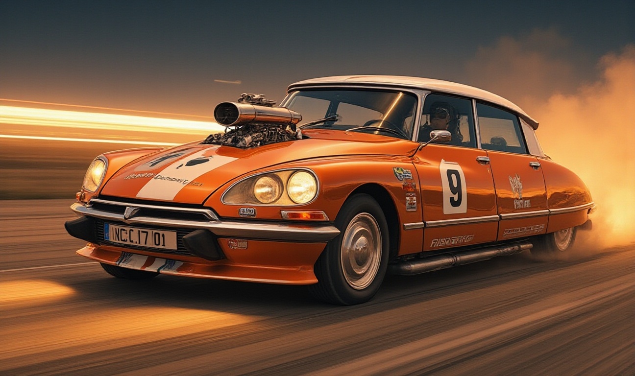 orange Rally Citroen Ds as muscle car,  a supercharger protrudes from the hood,  massive sidepipes as exhaust under the do...