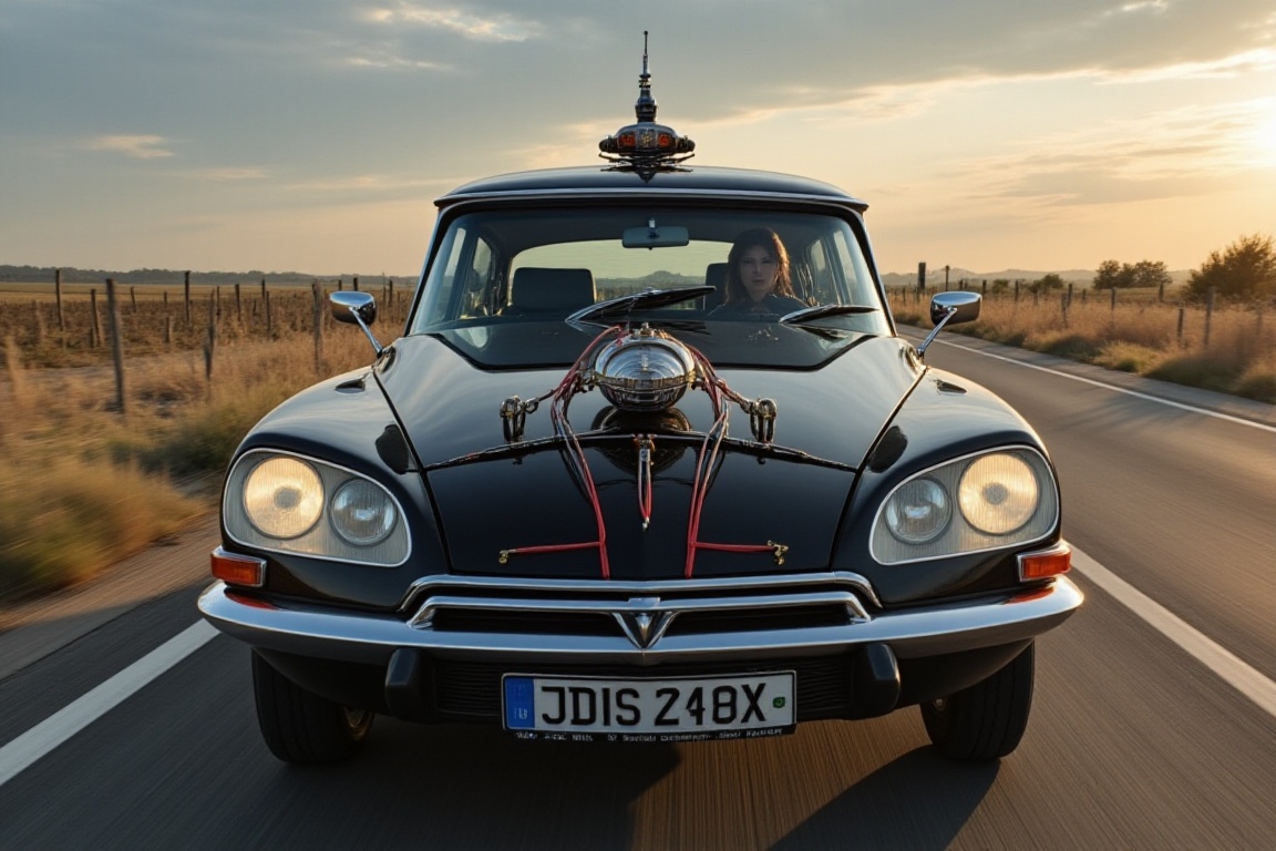 (((Ultra Sharp))) ((4K)) ((Masterpiece)) ((Wide-Angle Shot)) eine Citroen ds fährt durch eine Cyberpunk geprägte Landschaf...