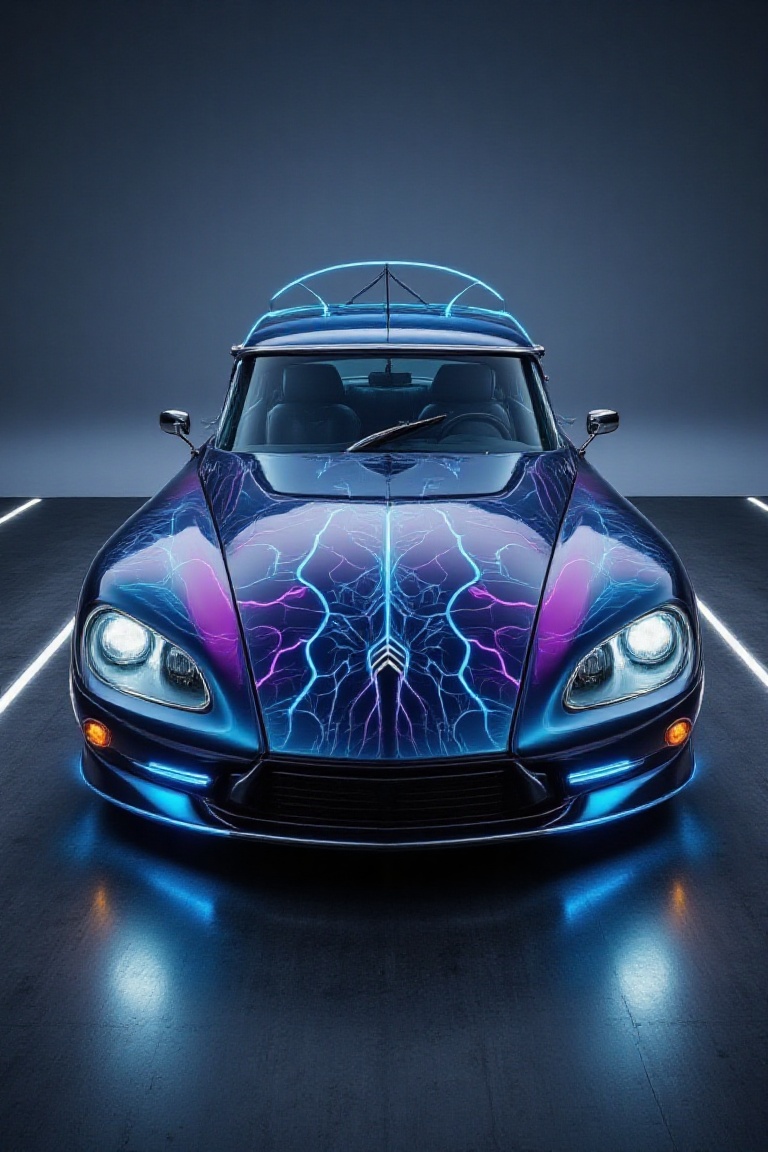 **"Imagine a completely futuristic vehiclecitroen ds blending organic and mechanical elements. The car has a sleek,  aerod...