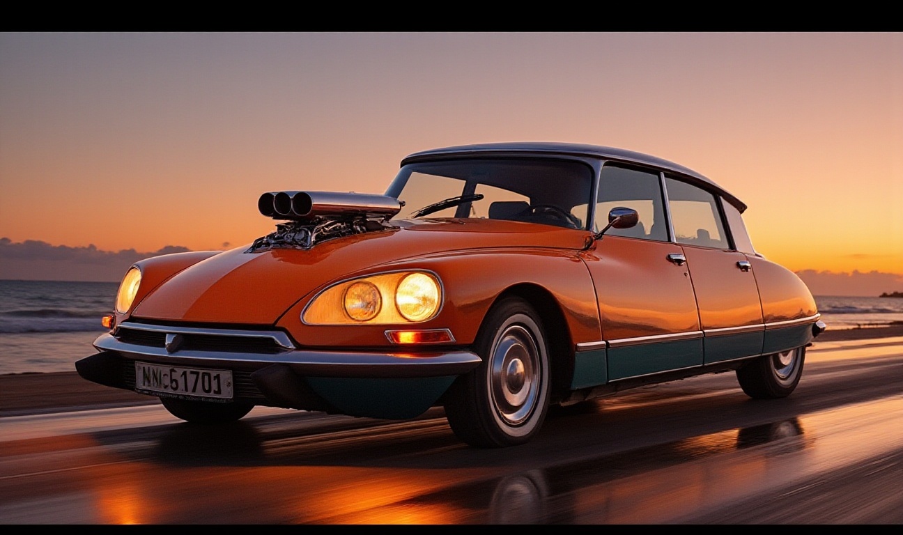 orange Rally Citroen Ds as muscle car,  a supercharger protrudes from the hood,  massive sidepipes as exhaust under the do...