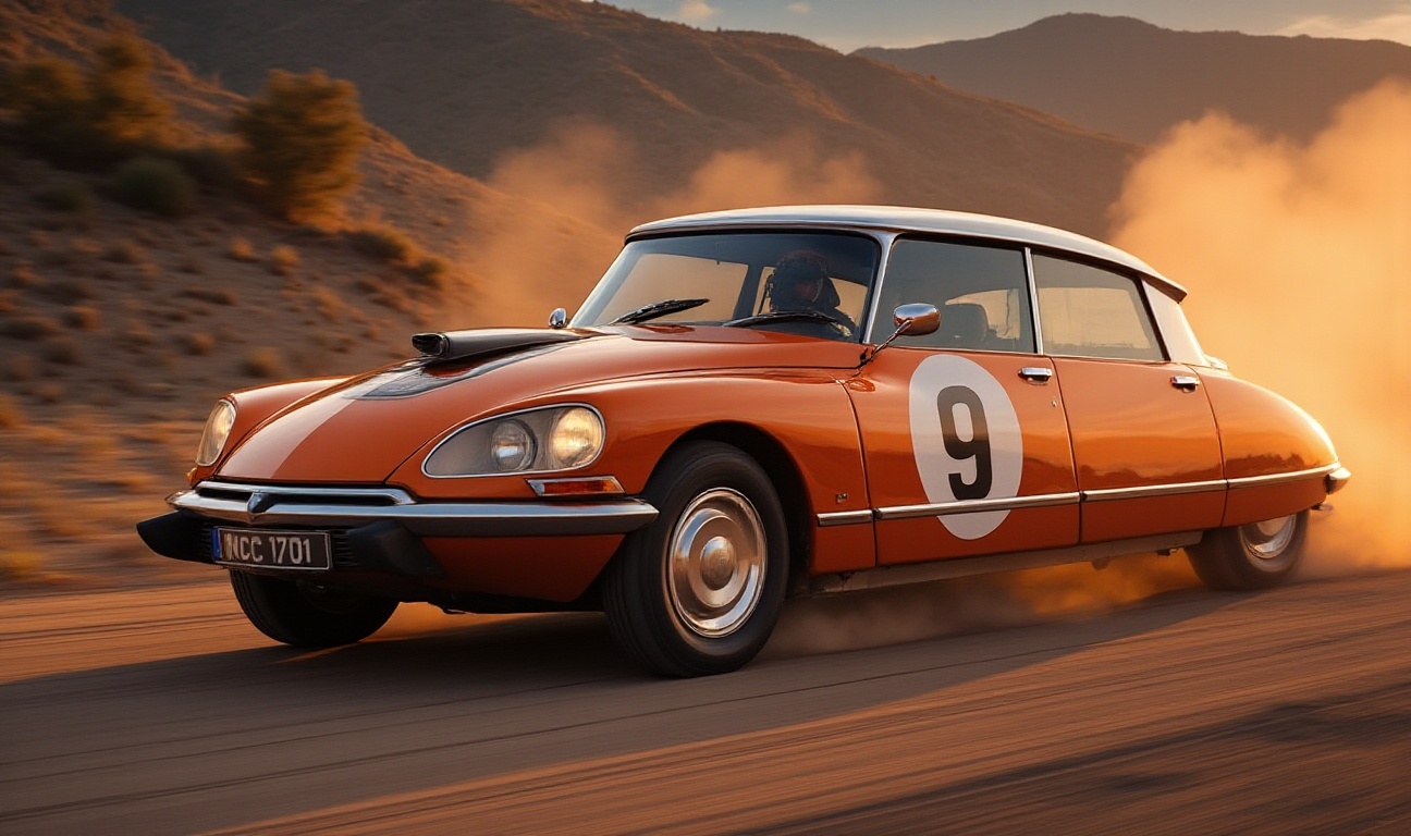 orange Rally Citroen Ds as muscle car,  a supercharger protrudes from the hood,  massive sidepipes as exhaust under the do...